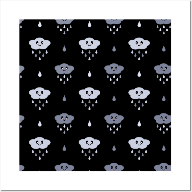 Kawaii Cute Rain Cloud Pattern in Black Wall Art by Kelly Gigi